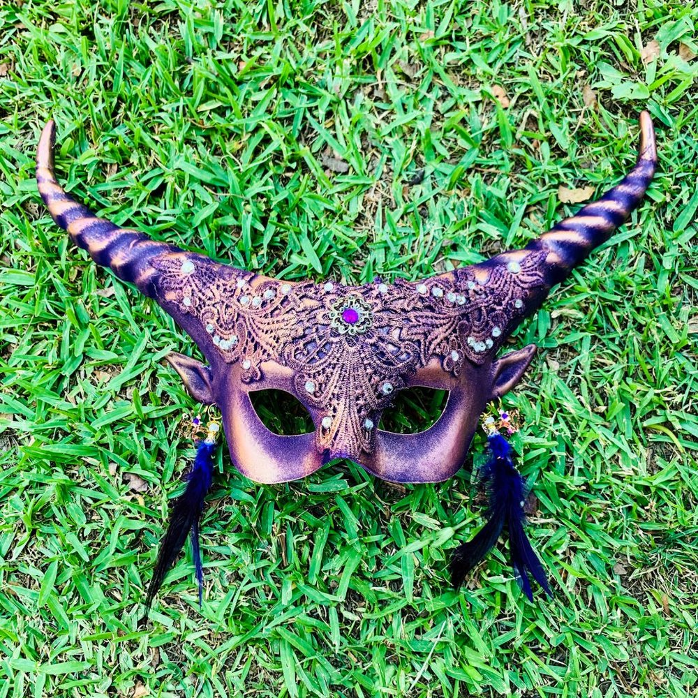 Purple Fairy Devil Horn with Earring Sexy Venetian Masquerade Women Party Mask